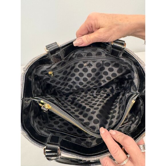 NWOT Kate Spade Black & Gray Wool Blend Tote Bag Gold Button Polka Dot Interior - Picture 6 of 12